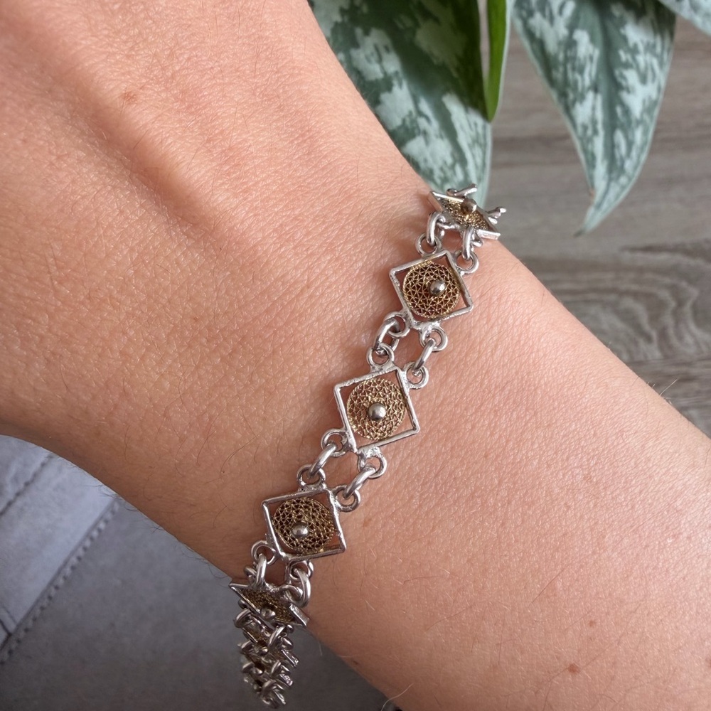 Two-tone Silver and Gold Bracelet Vintage Sterling Silver 925 7.5”